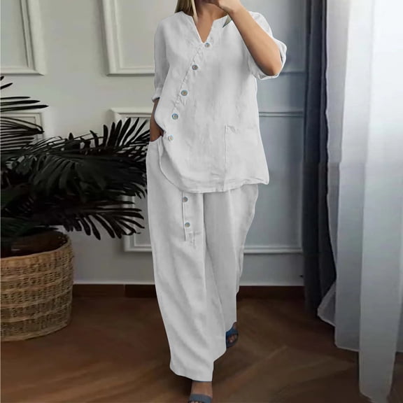 Haivin Women's Cotton Linen Shirt and Wide Leg Pants Set, Solid Color Three-Quarter Sleeve V-Neck Blouse with Button Detail, Breathable Comfortable Outfit for Casual Daily Wear and Travel