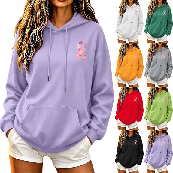 VBVC Women's Pink Ribbon Hoodie Sweatshirt , Breast Cancer Awareness Pullover For Women , Ladies' Long Sleeve Stretchy Top with Pockets, S-2XL