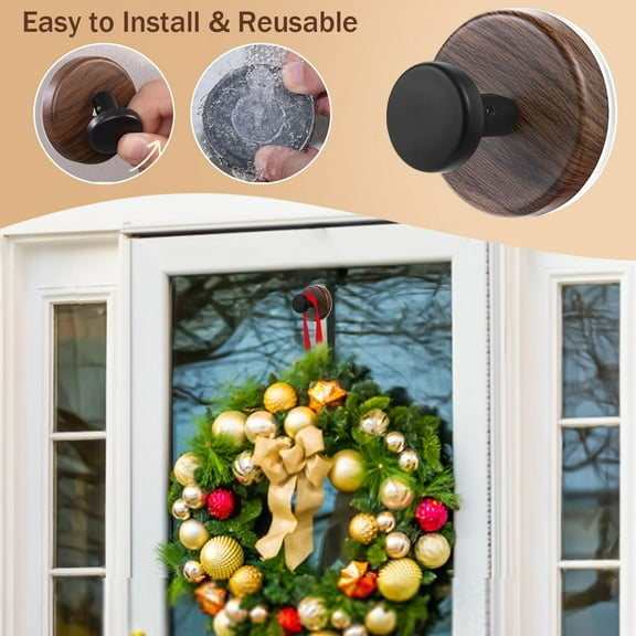 Wreath Hanger for Front Door, Heavy Duty Suction Cup Reef Hook for Glass Window/Over Door/Outdoor, Christmas/Thanksgiving/Halloween/July 4th/Easter/Valentine/Fall/Summer/Spring (Walnut, 2-Pack)