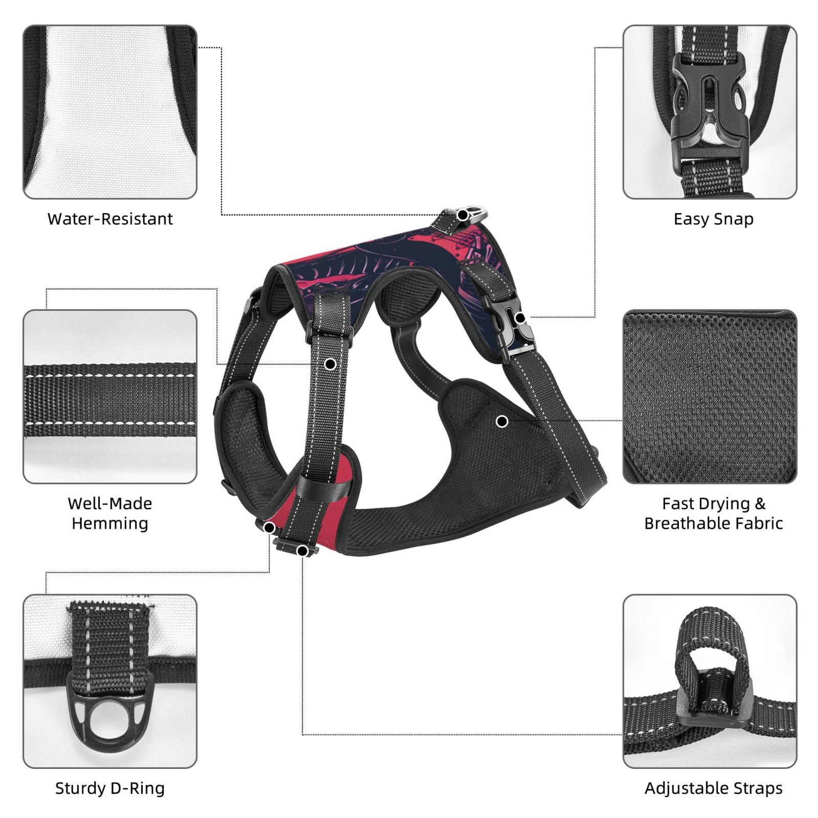 Fuzoiu Rock Skull Guitarist Print Reflective Dog Harness,Adjustable, Breathable Pet Vest,Dog Harness No Pull,No Choke Pet Vest for Small, Medium, and Large Dogs-Small