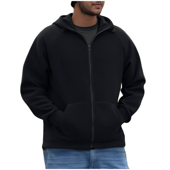 Lorytime Hooded Sweatshirt Men Zippered Solid Heavyweight Fleece Hoodies Long Sleeve Casual Tops Warm Outerwear Black 3XL