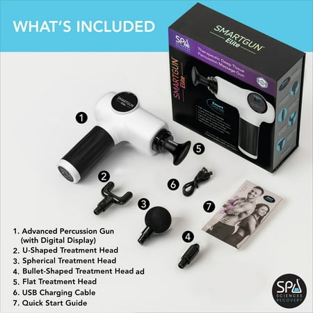 Spa Sciences SMARTGUN Elite Deep Tissue Percussion Massage Gun with Interchangeable Heads, White