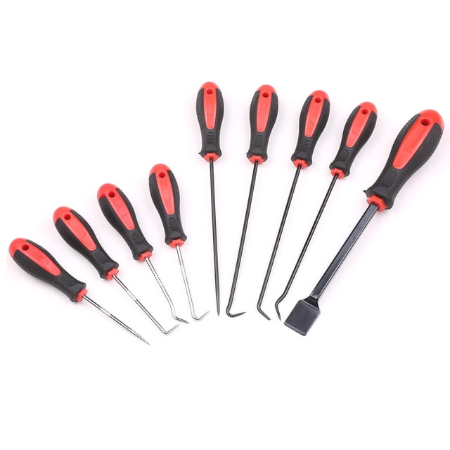 Juego de 9 ganchos extractores para reparación automotriz, ideal para retirar anillos O, sellos y arandelas con precisión en espacios reducidos.