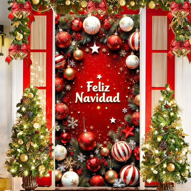 Linnome Santa Claus Pattern Christmas Door Cover 35x71 Inches, Festive Holiday Door Decoration for Home and Parties