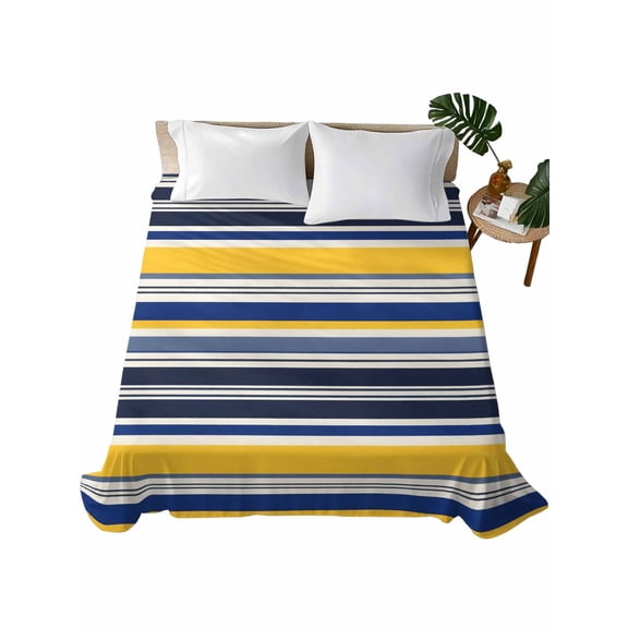 California King Flat Sheet 108"x98", Navy Blue Yellow Striped Soft Lightweight Bedding Flat Sheets Only, Farmhouse Vintage Stripe Brushed Microfiber Top Bed Sheet, Breathable StainResistant Bedsheets