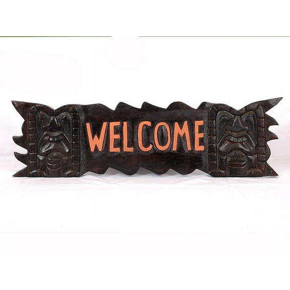 Welcome Tiki Bar Sign w/ Carved Tikis 24 inches - Tiki Bar Decor | #bds1203460
