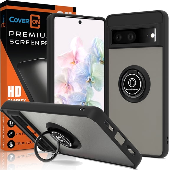 CoverON For Google Pixel 7 Case with Screen Protector Tempered Glass, Clear Back Ring Holder Kickstand Phone Cover, Black