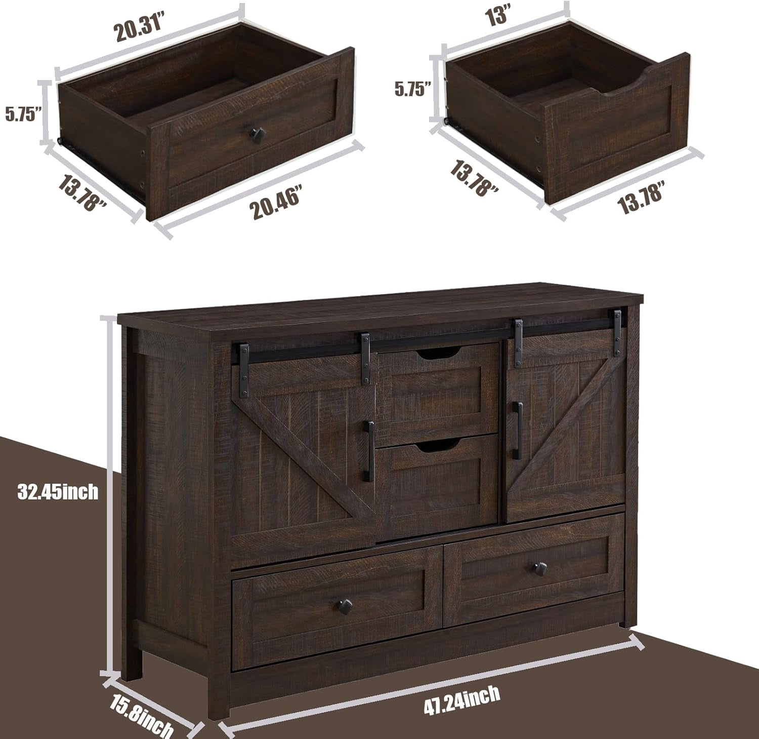 BOSHIRO 4-Drawer Double Sliding Barn Door Dresser, Espresso Brown, Farmhouse Wide Chest for Bedroom and Living Room