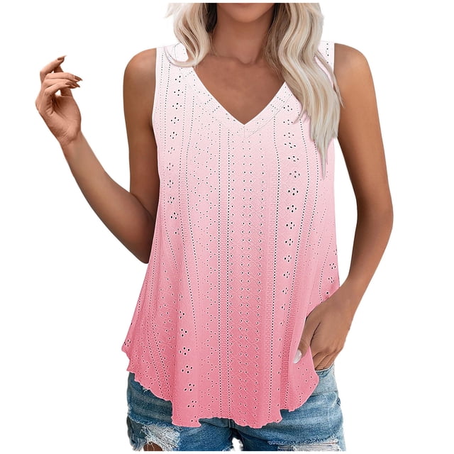 Plebaso Womens Tank Tops V Neck Gradient Lightweight Eyelet Shirts Flowy Loose Summer Sleeveless Blouses