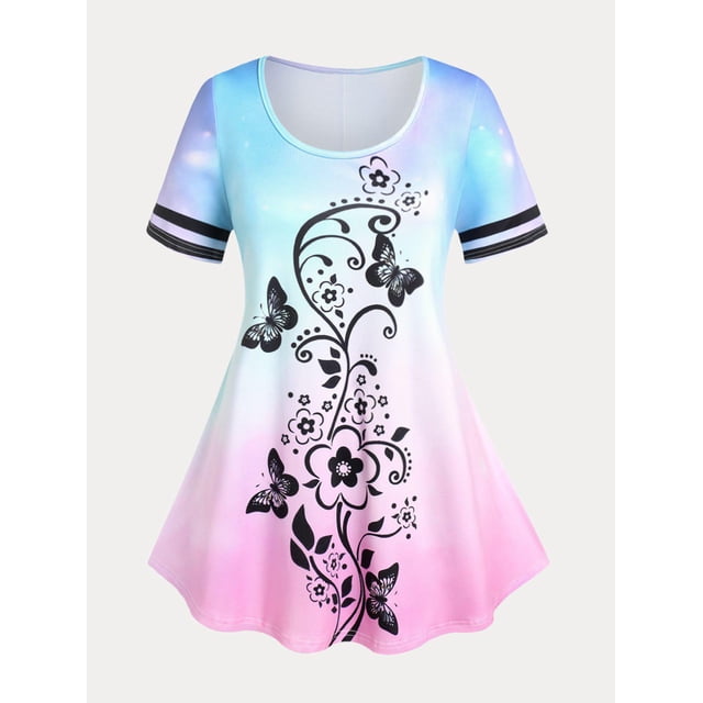 Camiseta en Talla Extra con Estampado de Mariposa en Color Degradado con Flores de Mariposas Rosegal Camisetas tallas grandes