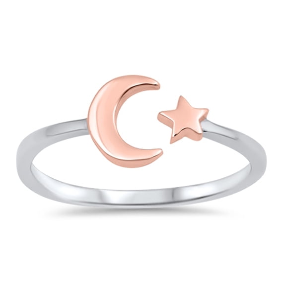 CHOOSE YOUR COLOR Rose Gold-Tone Open Sterling Silver Ring Moon Star 925 Jewelry Female Male Size 10
