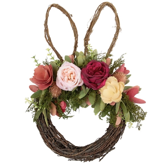 15" Floral Bunny Ear Wicker Wreath - Artificial Flower Decor, Easter Spring Door, Rustic Mixed-Rose Design, Perfect for Home Seasonal Ornament & Festive Displays