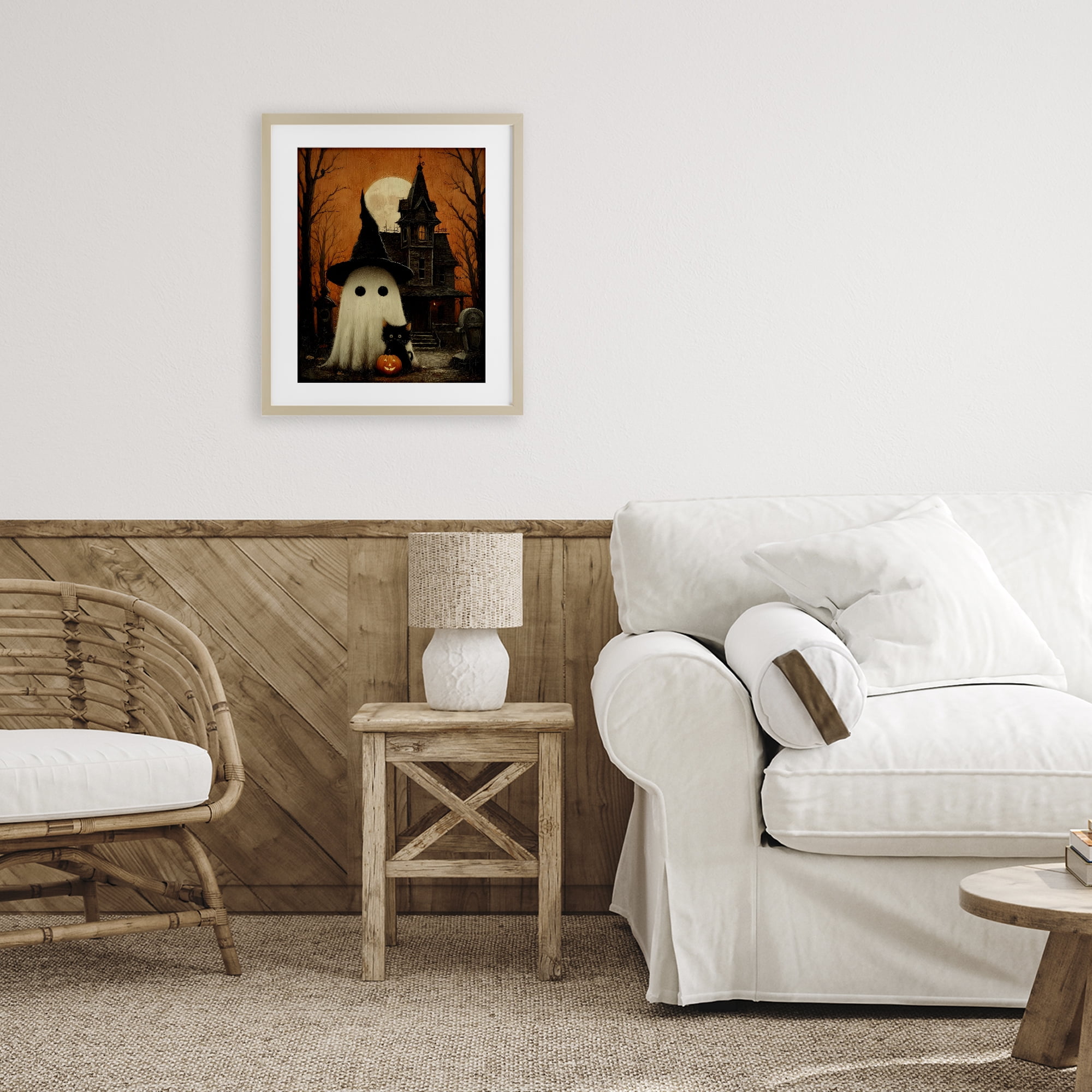 Cute Ghost & Haunted House Birch Framed Print Under Glass, design by Arlington Prints