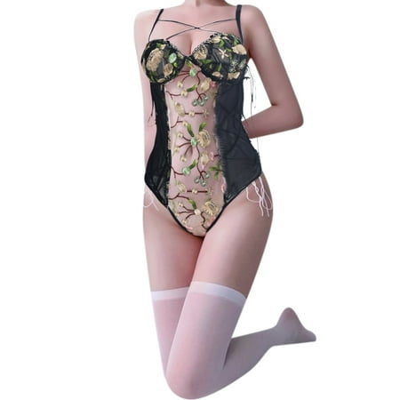 

Sngxgn Womens Lingerie V-Neck Lace Bodysuit Mini Babydoll Featuring Spandex Bodysuit Women Black 2XL