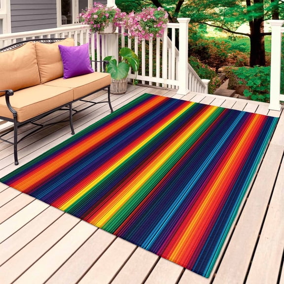 Mexico Stripes Outdoor Rug 3x5 Ft, Non Slip Washable Area Rug, Colored Red Blue Green Bohemia Geometric Patio Rugs Carpet Runner, Large Floor Mat for Indoor/Outdoor Deck Porch Camping