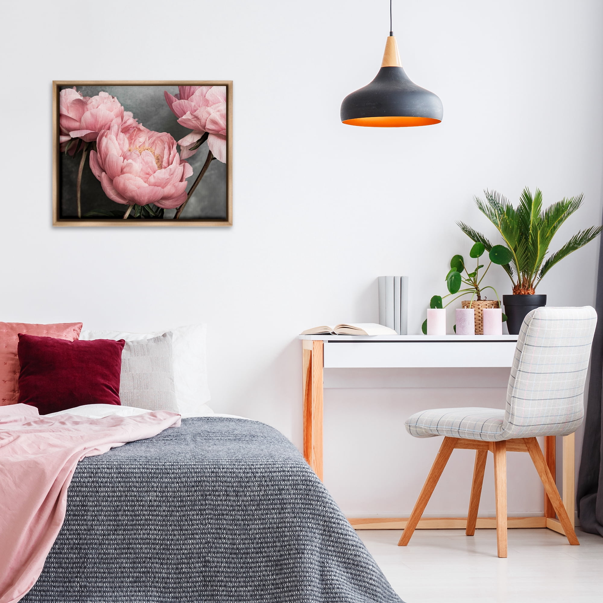 Stupell Industries Pink Peonies Trio Plants & Flowers Painting Brown Floater Framed Canvas Art Print Wall Art, 31 x 25