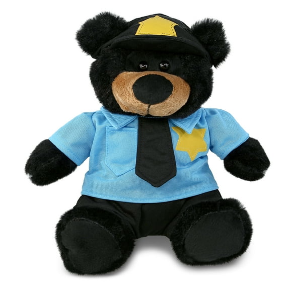 DolliBu Black Bear Police Officer Plush Toy – Super Soft Black Bear Cop Stuffed Animal Dress Up Cop Uniform and Cap Outfit, Fluffy Black Bear Policeman Toy Plush Gift for Kids – 9 Inches
