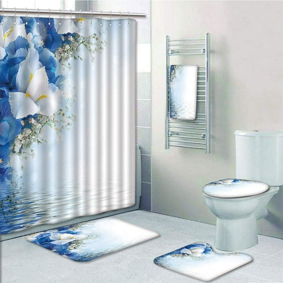 PRTAU Hydrangeas Irises over The Sea Romantic Bouquet Dreamy 5 Piece Bathroom Set Shower Curtain Bath Towel Bath Rug Contour Mat and Toilet Lid Cover