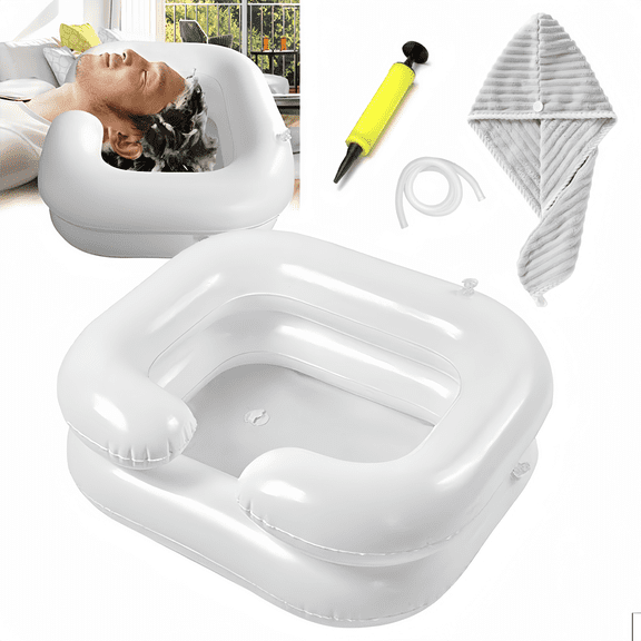 ChrumpTon Portable Shampoo Bowl, Inflatable Hair Washing Basin with Hand Pump and Towel, for Bedside, Home Care, Sink Washing and Dreadlock Care, White