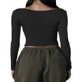 thumbnail image 3 of Women Square Neck Slim Shirt Long Sleeve Button Front Crop Tops Fitted Ribbed Low Cut Layering Tight Basic Tee Black M, 3 of 3