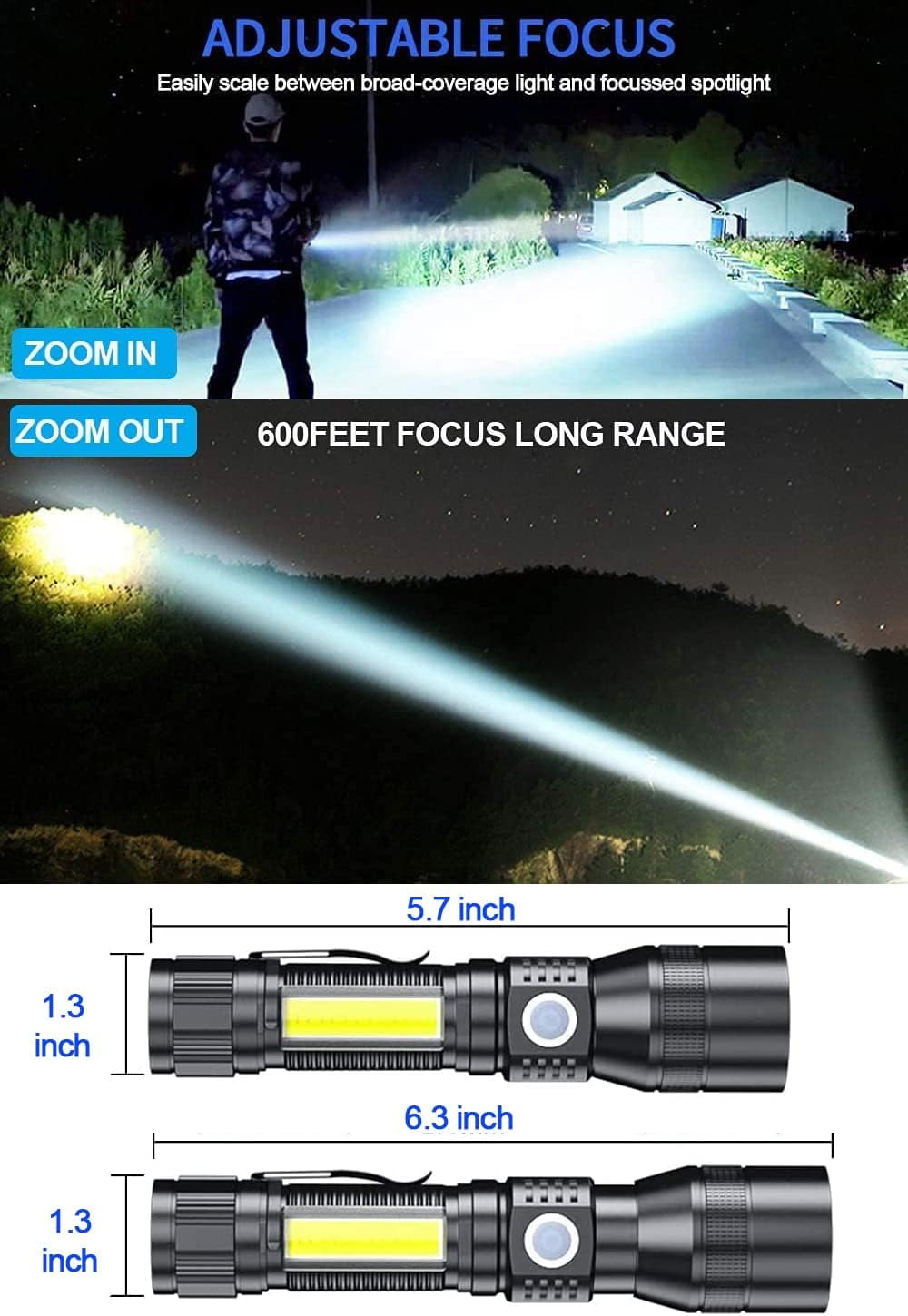 2000Lumen LED Light UV Flashlight, 3 in1 Super Bright Pocket with COB Flashlight for Pet Stains Detection,7Modes, IPX6 Waterproof,Zoomable for Camping,Hiking,Outdoor