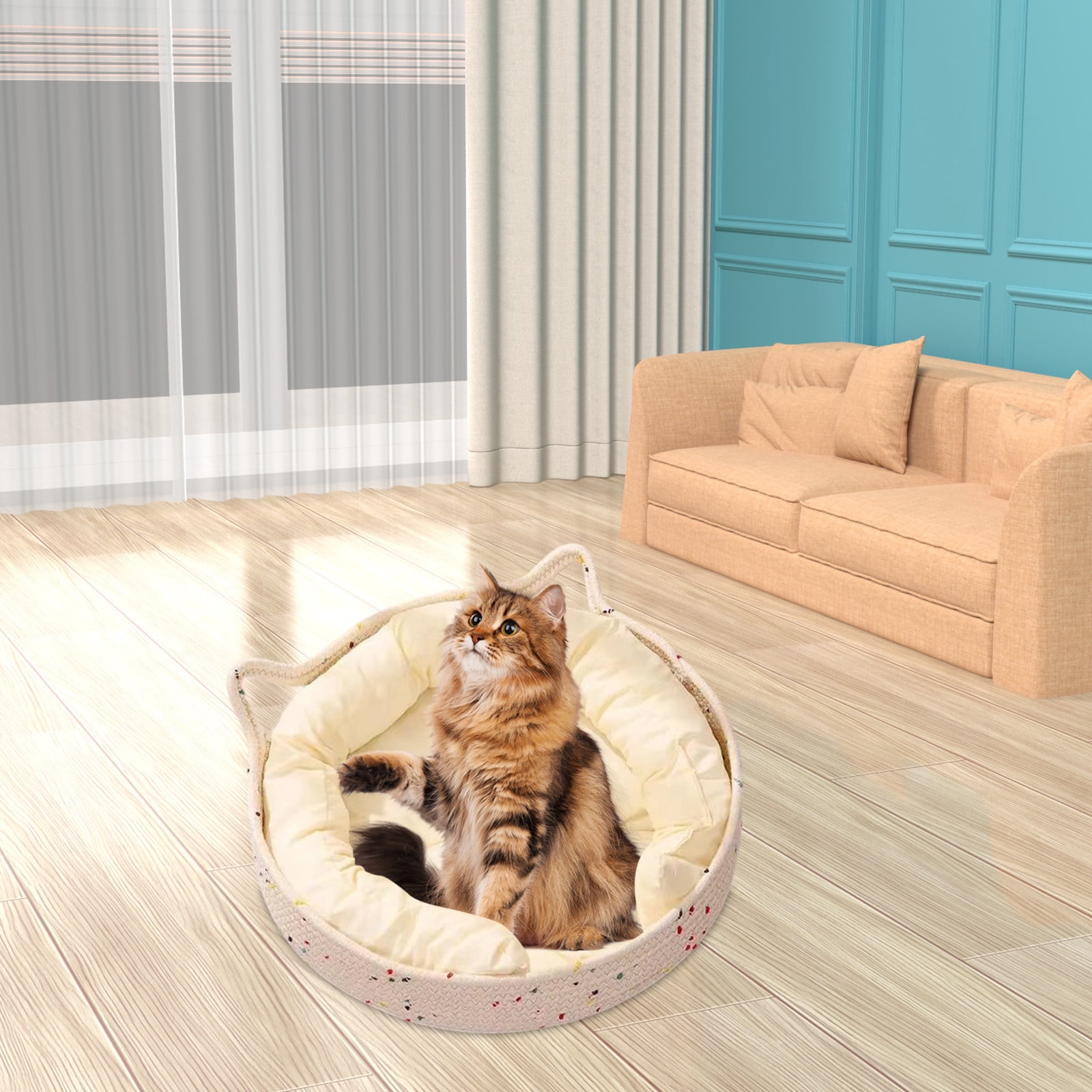Cat Basket Bed - Large Round Rattan Woven Beds for Indoor Cats and Small Dogs with Soft Cotton Cushion Bucket Nest for Your Pet to Cuddle, Cute Circle Baskets for Kitty