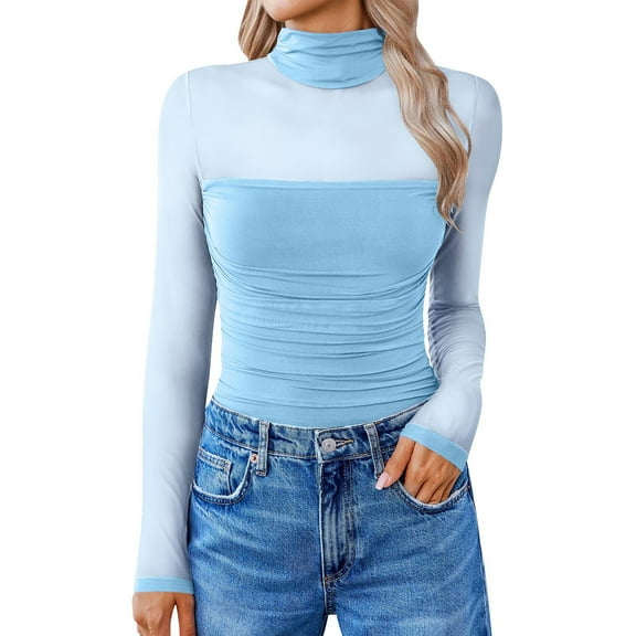 Dyfzdhu Mesh Bodysuit for Women Long Sleeve Turtleneck Shapewear Body Suits One Piece Leotard Slim Going Out Tops Blue
