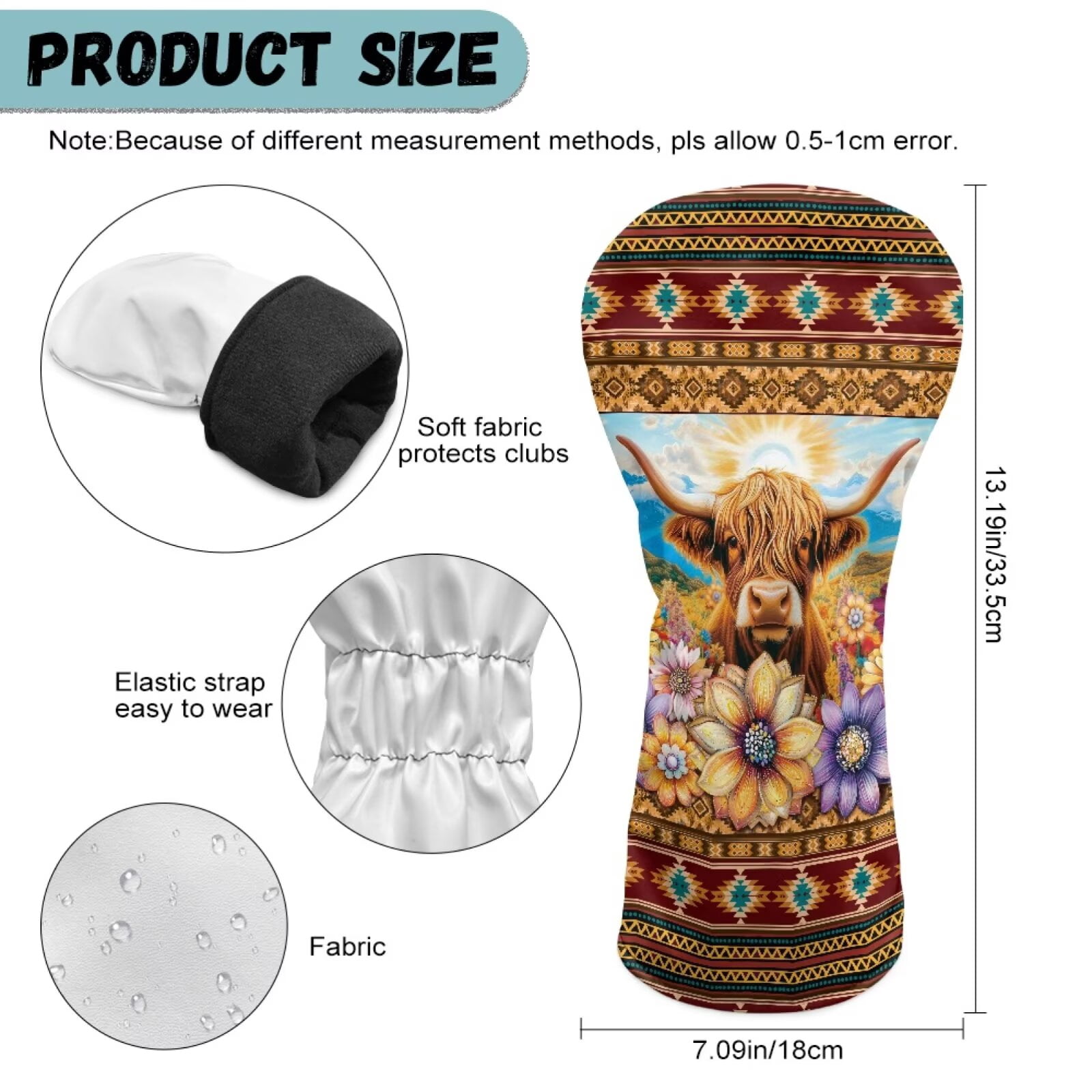 Uorisanigo Golf Headcovers Premium Leather Driver Cover Fariway Wood Headcover Hybrid Head Covers, Waterproof Elastic Ethnic Highland Cow Aztec Golf Club Head Covers Accessories, 3 Pcs