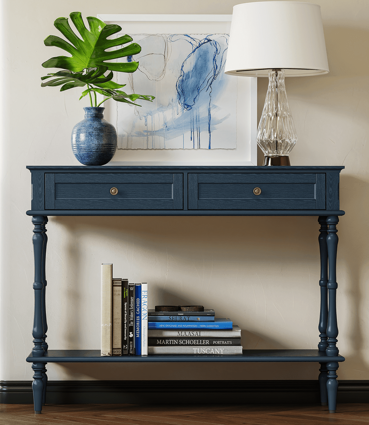 CBJCBJ40"Vintage Minimal Assembly Console Table with 2 Storage Drawers,Suitable for Living Room,Blue