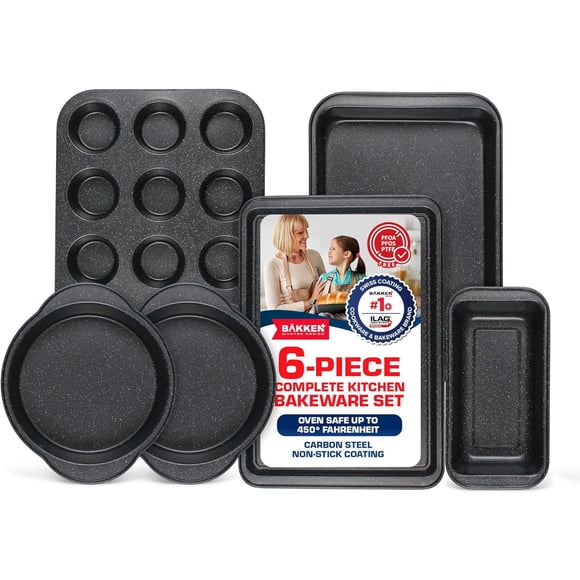 BAKKEN Ensemble de 6 Moules à Pâtisserie de Cuisine - Acier au Carbone de Qualité Commerciale, avec Revêtement Antiadhésif, Empilable et Peu Encombrant, Sans PFOA, PFOS, PTFE, Compatible Four (jusqu'à 450°F), Marbre Gris