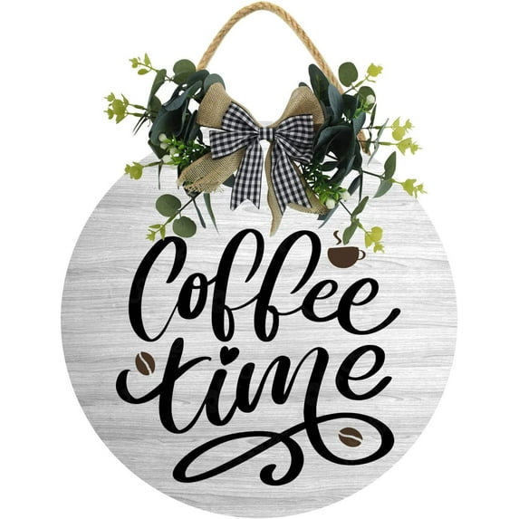 Eveokoki 11" Coffee Time Sign,Wooden Coffee Bar Sign Round,Modern Farmhouse Coffee Bar Decor, Coffee Sign Hanging Wall Decor for Home Restaurants Outdoor Indoor Decoration