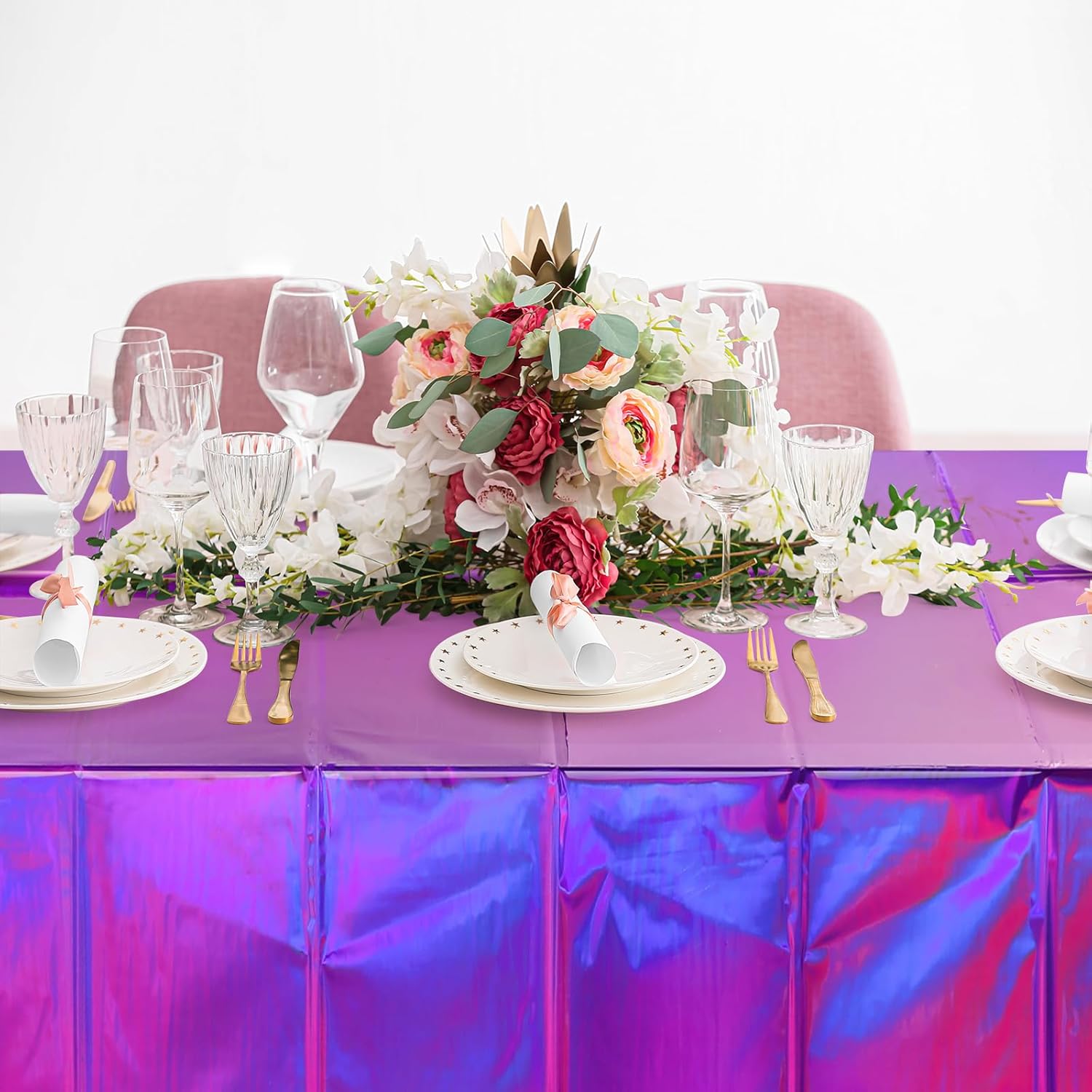 QIANJIA 4 Pack Iridescent Pink Plastic Tablecloths Shiny Disposable Laser Rectangle Table Covers,Holographic Foil Tablecloth Iridescent Party Decorations for Birthday Wedding Christmas, 54x108Inch