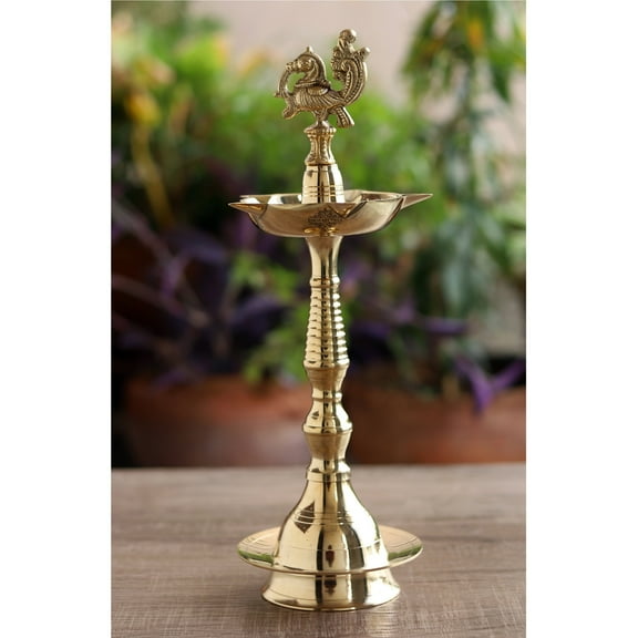 Indian Art Villa Brass Pillar Diya, Kerala Murga Design - 15" Spiritual Décor