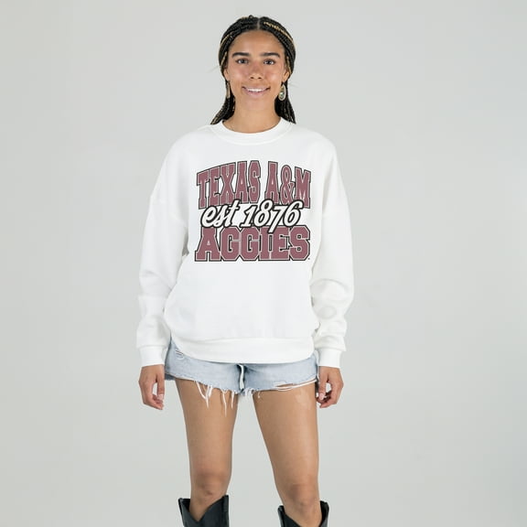 Women's Gameday Couture White Texas A&M Aggies Oversized Faded Formation Premium Fleece Sweatshirt