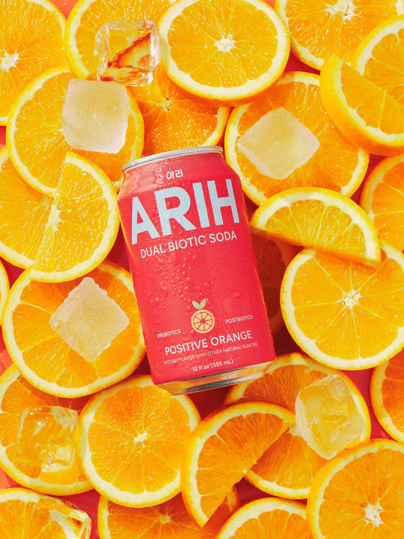 ARIH Dual Biotic Soda, Functional Prebiotic and Postbiotic Soda, Low Sugar, Positive Orange, 12 fl oz, 4 Pack