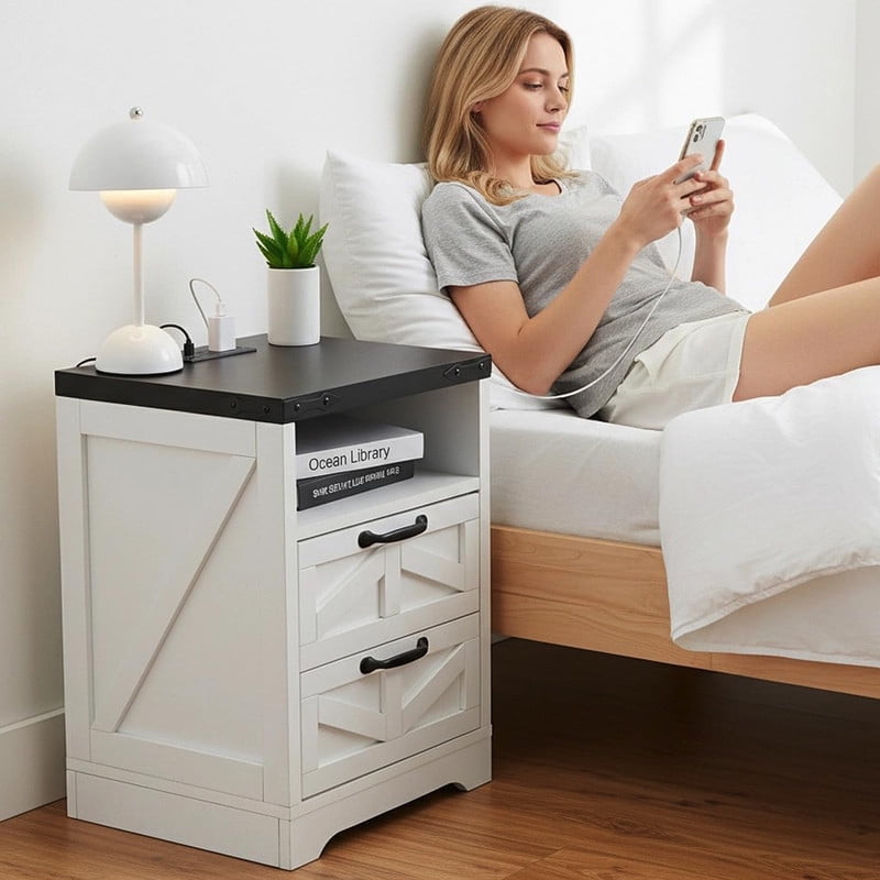 TROPOW Bedside Tables with Charging Station, 2 Drawers, USB & Type-C Ports, Industrial Bedside Table with Storage – End Tables for Bedroom or Living Room, White Color