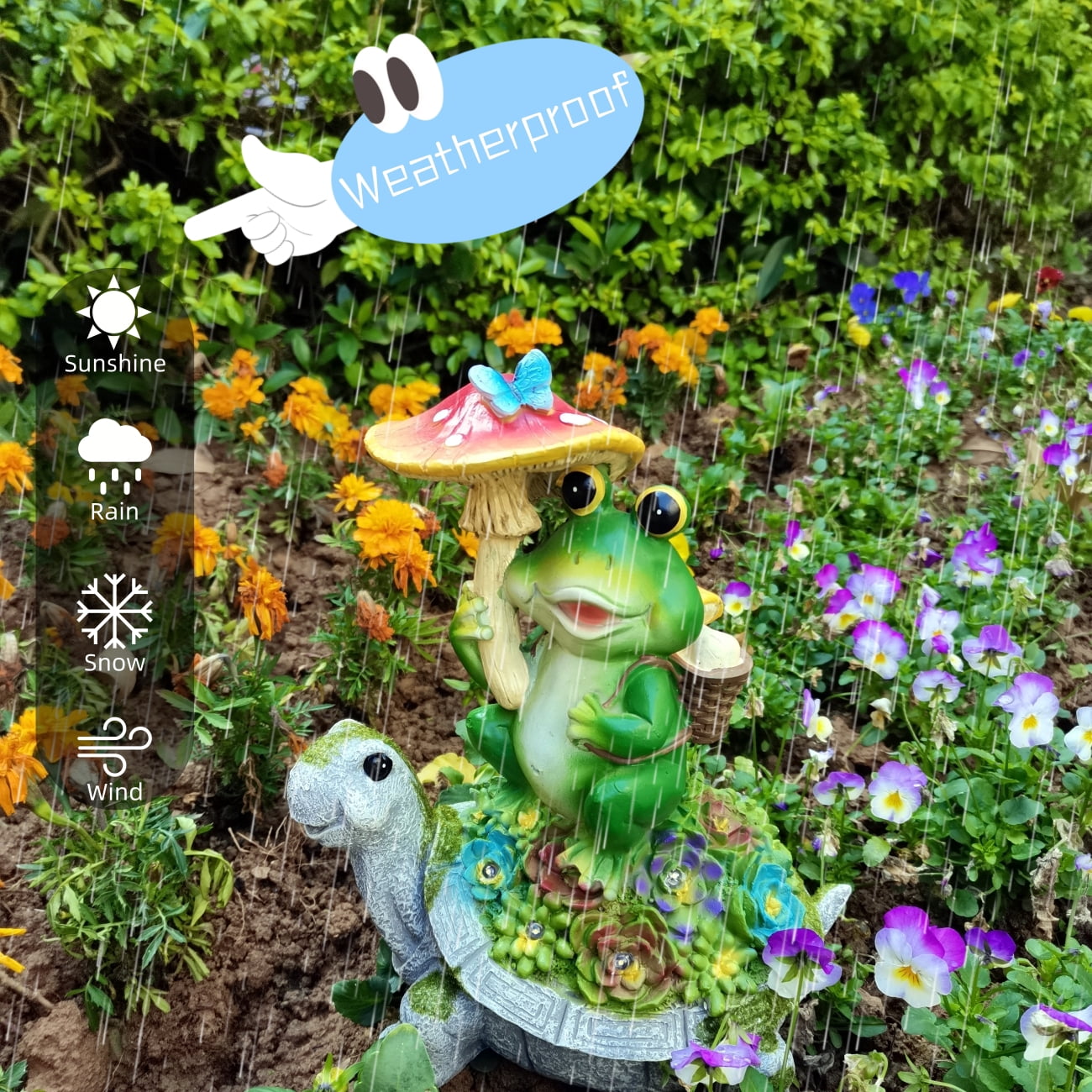 Outdoor Decor Turtle Solar Garden Statue, Frog Sit on Tortoise Holding Mushroom Sculpture