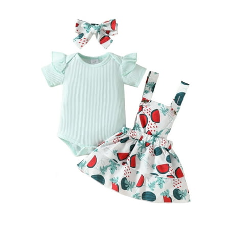 

Baby Sweetie Baby Girl 3 Piece Summer Set Round Neck Short Sleeve Ribbed Romper + Floral Suspender Skirt + Headband Toddler Outfits