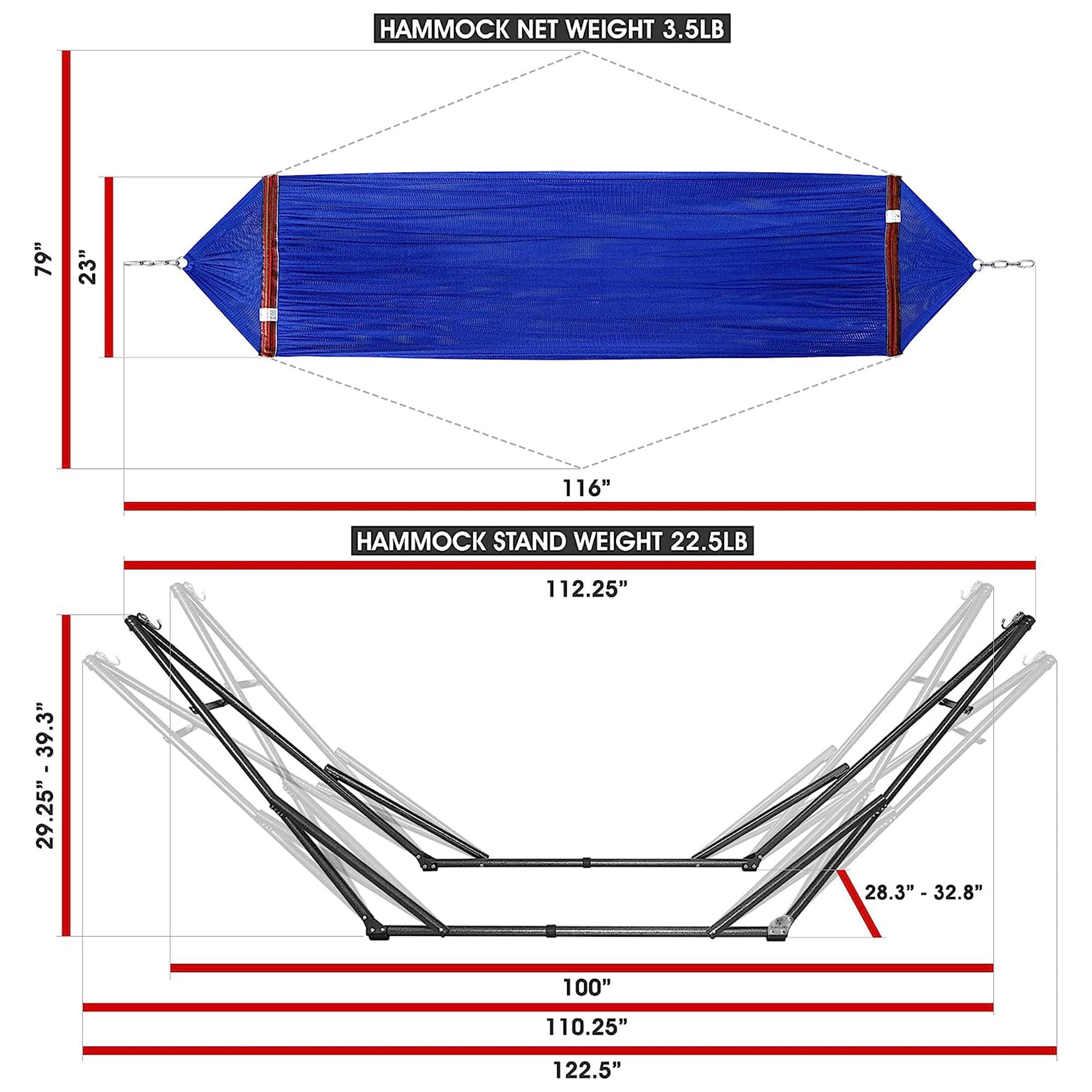 Tranquillo Adjustable Hammock Stand / Collapsible Hammock with Stand – Picnic Hammock Stand and 2 Layered Polyester Hammock Net for 2 Persons with Carry Bag - Supports up to 550lbs, Blue