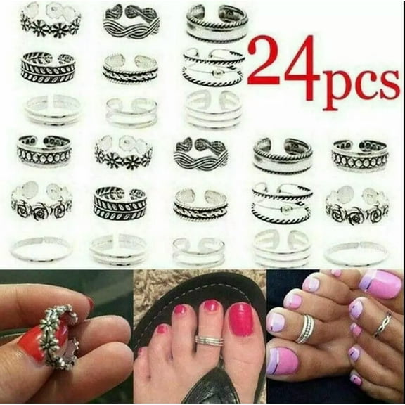 K-KED 24Pcs/set Women Open Finger Punk Foot Delicate Jewelry Silver Daisy Toe Ring Retro Rings