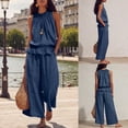 thumbnail image 2 of Womens Summer Cotton Linen 2 Piece Outfits Sleeveless Ruffle Top Wide Leg Pants Beach Vacation Lounge Sets, 2 of 7