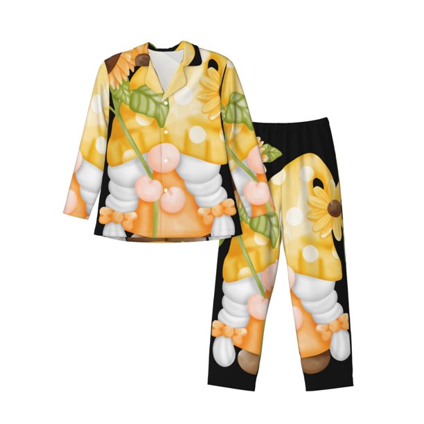 Balery Sunflower Gnomes 3 Pijama para Hombre de Dos Piezas con Manga Larga, Conjunto de Dormir y Descanso Suave con Bolsillos-Medium
