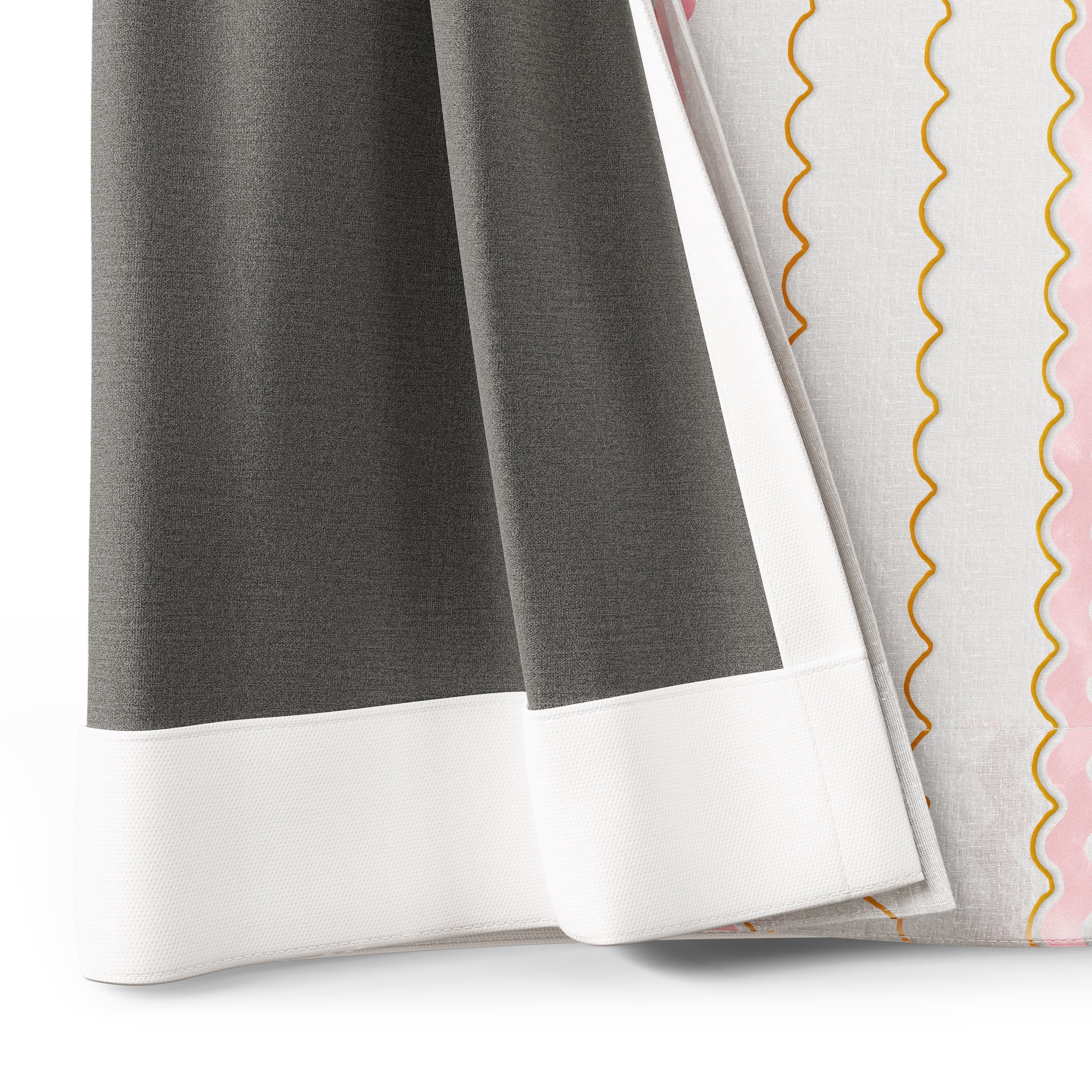 Mainstays Kids White and Pink Scallop Stripe Sheer Overlay Blackout Rod Pocket with Back Tabs Single Curtain Panel, 38" W x 84" L