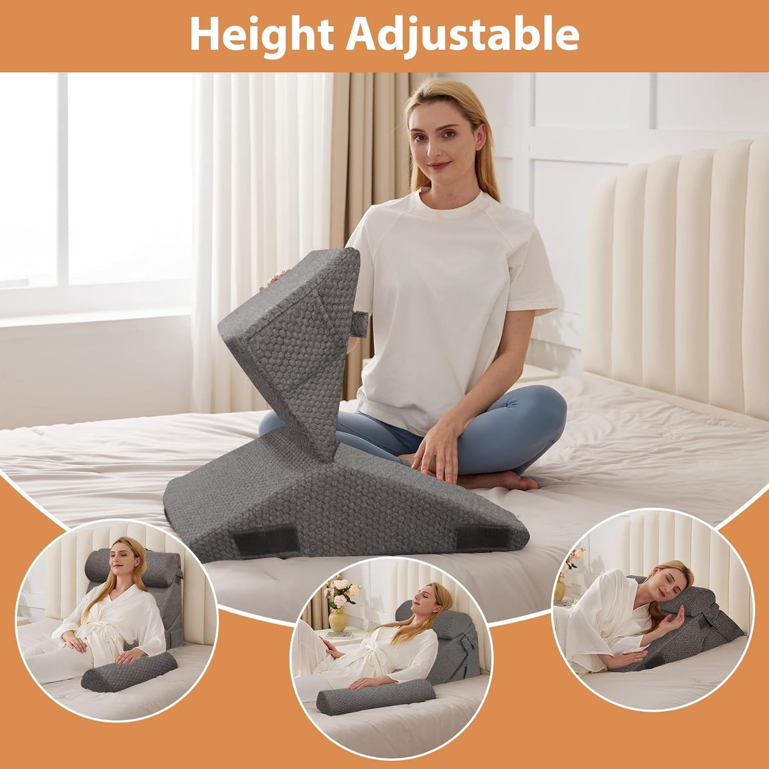 Adjustable Memory Foam Wedge Pillow Set for Sleeping, Acid Reflux & Post-Surgery Support, Orthopedic Bed Wedge for Neck and Back, 9 & 12 Inch, White/Grey