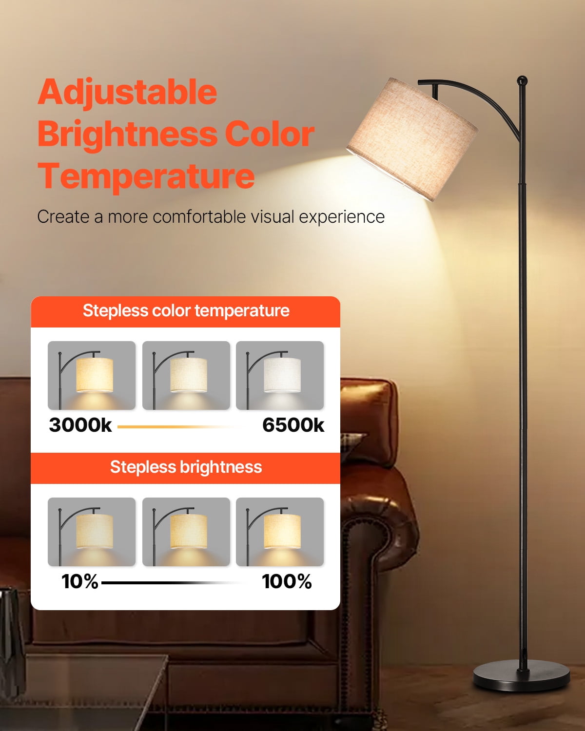 VEVOR Dimmable Floor Lamp, Color Temperature & Brightness Adjustable, Modern Standing Lamp with Remote Control, Foot Switch Floor Lamp for Living Room, Bedroom, Office(LED Bulb, Lampshade Included)