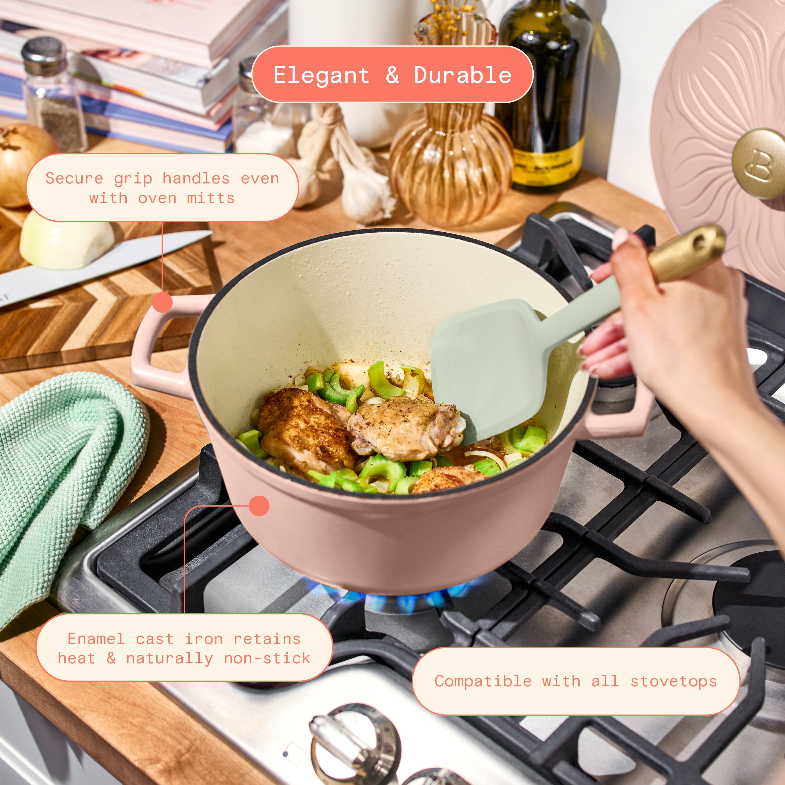 Beautiful 4 Quart Enameled Cast Iron Round Dutch Oven with Petal Design Lid, Rose by Drew Barrymore
