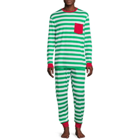 George Men’s Jolly Green Stripe Holiday Matching Family Christmas Pajamas Set, 2-Piece, Sizes S-XL