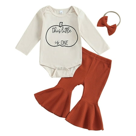 

JIEU Baby Children s Wear Girl s Pumpkin Letters Fashion Leisure Long Sleeve Romper Strip Cotton Bell Bottoms Three Piece Set