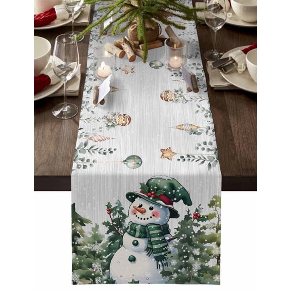 nqOlkjepod Green Snowman Christmas Table Runner 120 Inches Long Farmhouse Dress Scarves, Eucalyptus Xmas Tree Balls Grey Dining Tablerunner for Coffee Table/Kitchen Island/Party Décor, 13" x 120"