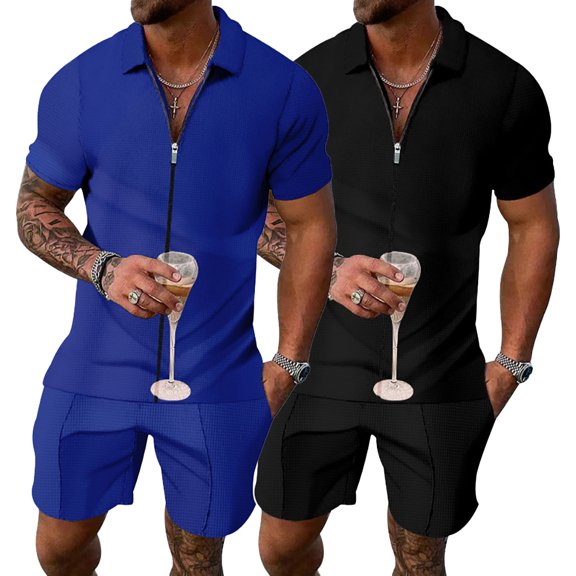 HAOYUNL Mens 2Pcs Short Sleeve Set Zip Cardigan and Shorts Sets Two Piece Summer Casual Outfits Tracksuit Set for Men M-3XL
